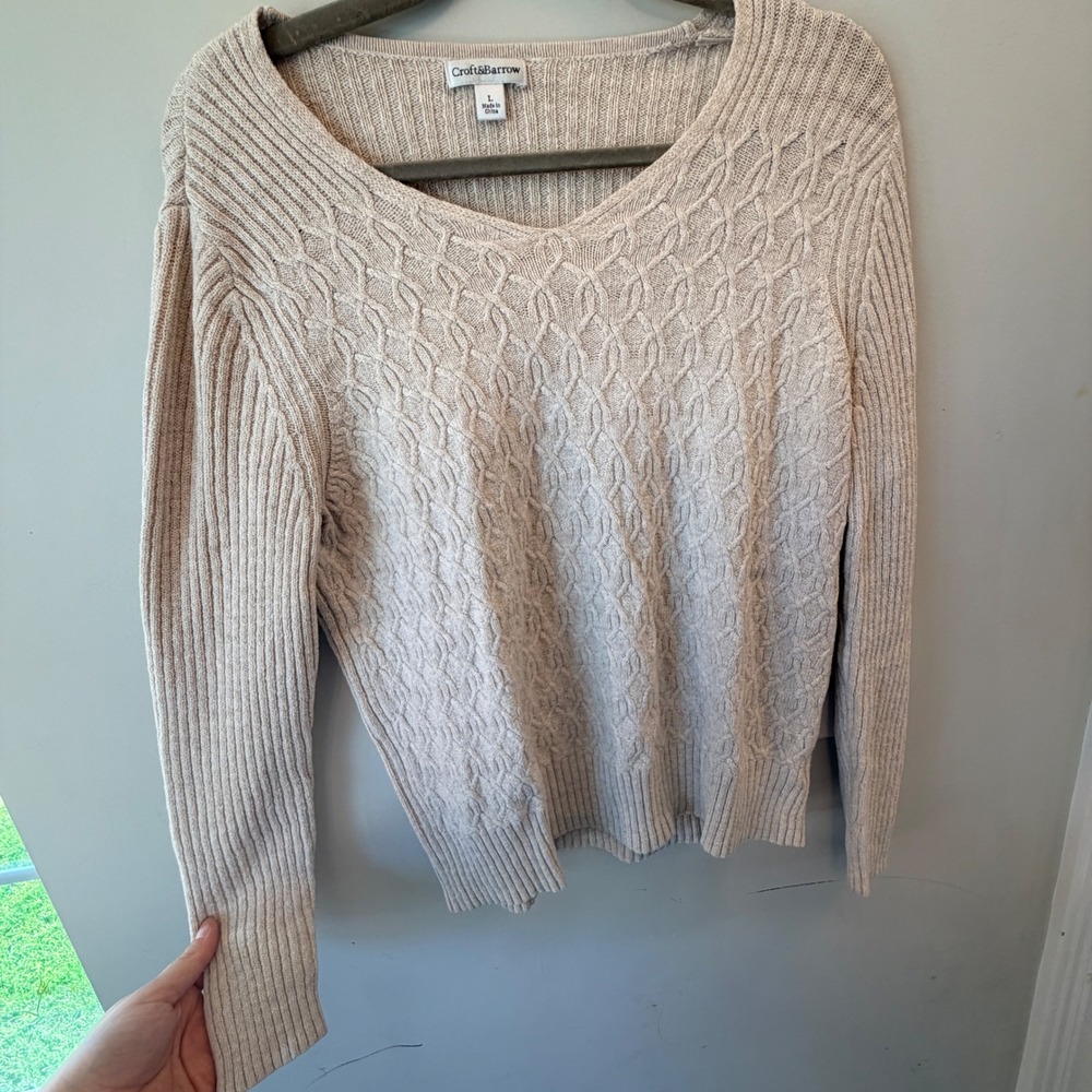 Croft Barrow Sweater Women Large Tan Cable Knit Stretch Minimalist Old Money